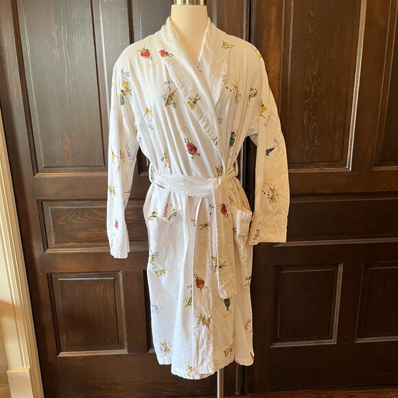 Pottery Barn Santas Reindeer Flannel Robe Ivory Holiday Warm Unisex Size S/M - Picture 1 of 12